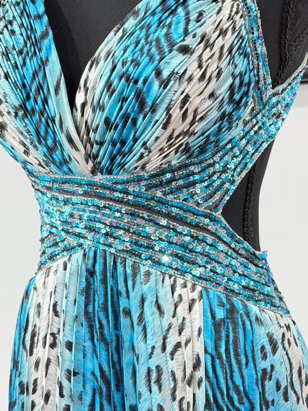 Jovani Turquoise and White Patterned Sequin-Trim Prom Dress